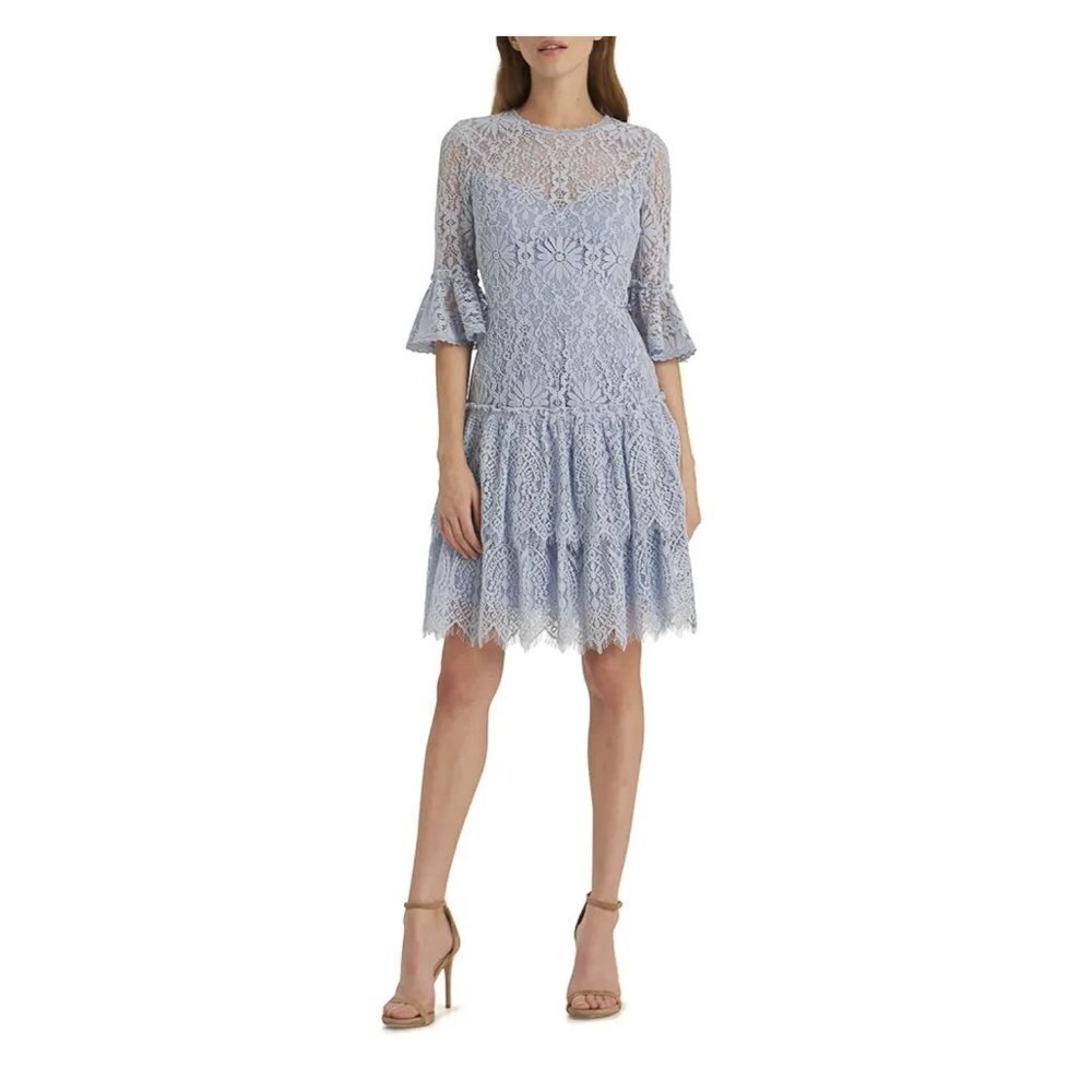 MONIQUE LHUILLIER Corded Floral Lace Bell-Sleeve Ruffled Tiered Skirt Dress 10